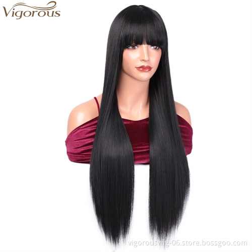 Vigorous Lace Front Good Quality Long Silky Straight Wig With Bangs Synthetic 28 Inch For Black Women Heat Resistant Fiber Wigs
